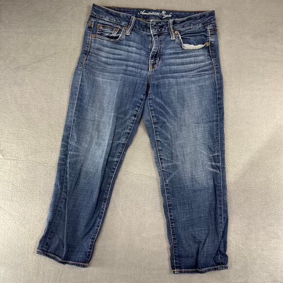 Y2K American Eagle Capri Jeans Womens Size 4 Dark Blue Low Rise Crop Whisker - Picture 1 of 11